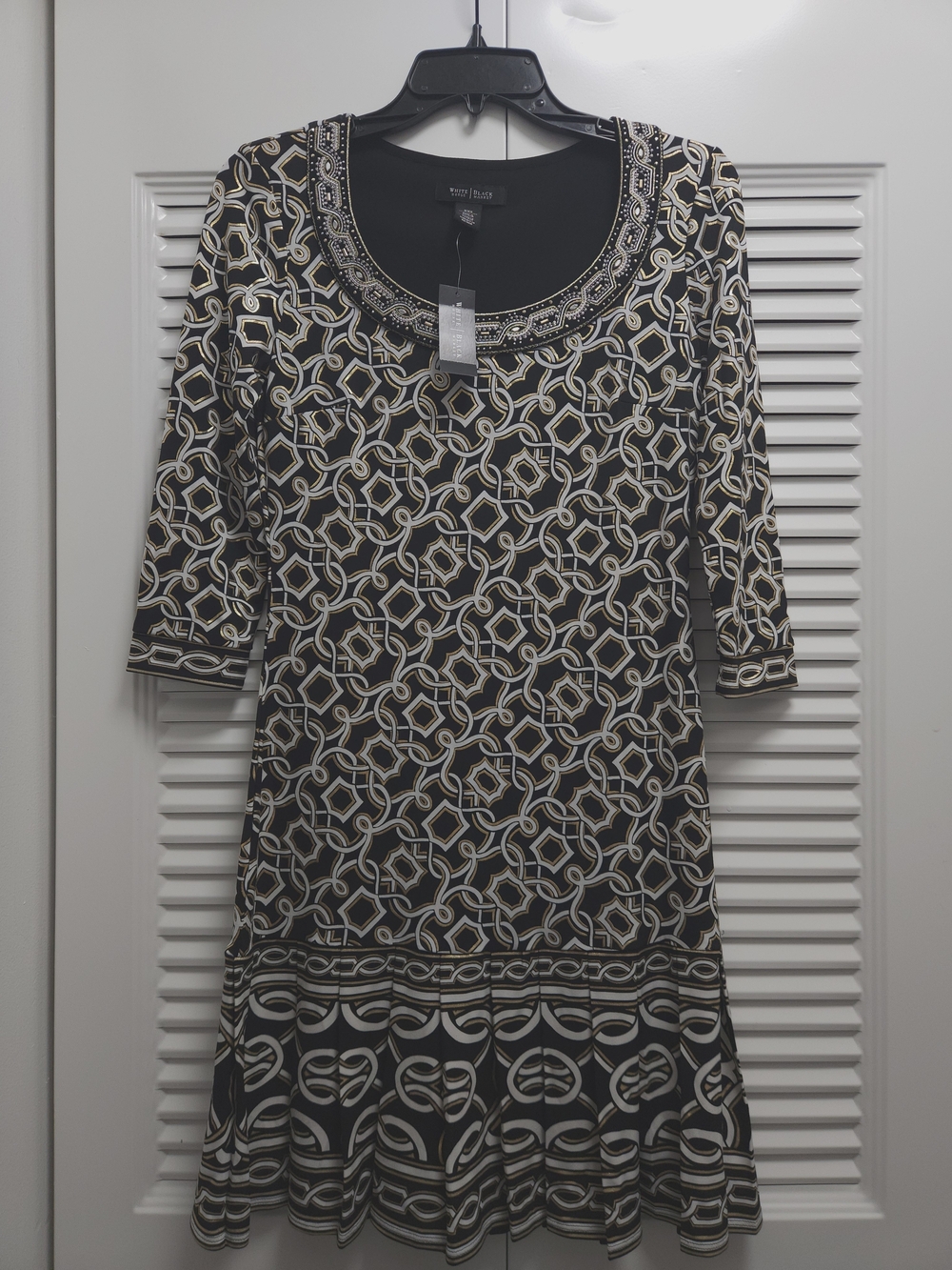 White House Black Market XXS Black & Gold Geometric Print Tunic Dress NWT